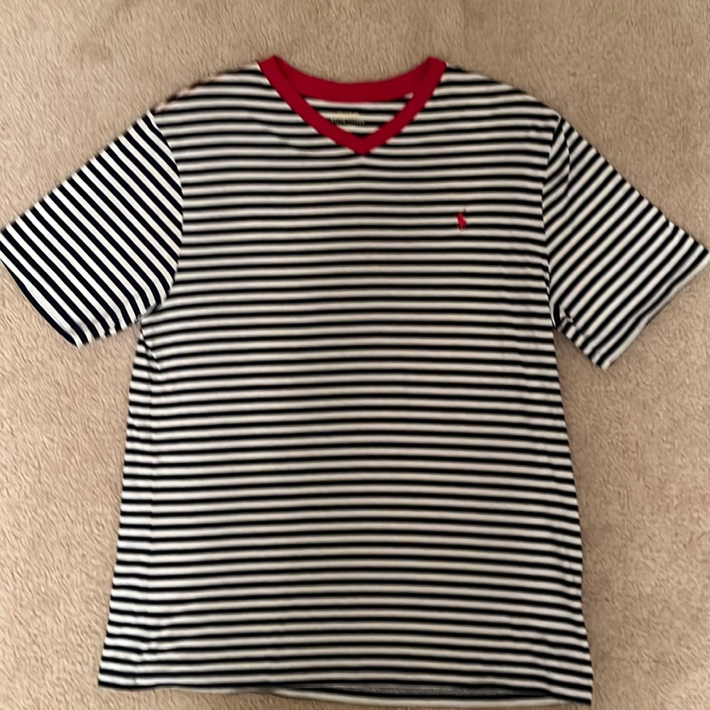 Boys Polo Navy and White Striped T-shirt